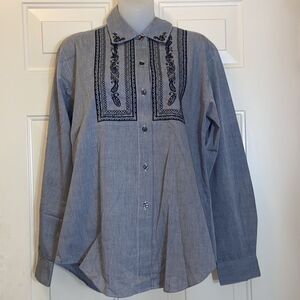 Foxcroft Embroidered Gray Button Front | Fox-craft Blouse